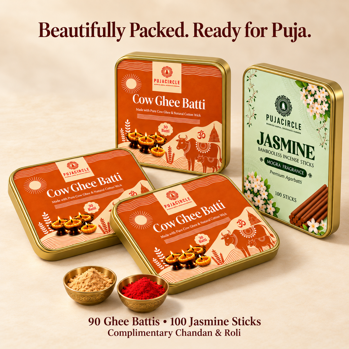 Everyday Puja Essentials — 90 Ghee Battis + 100 Jasmine Incense Sticks