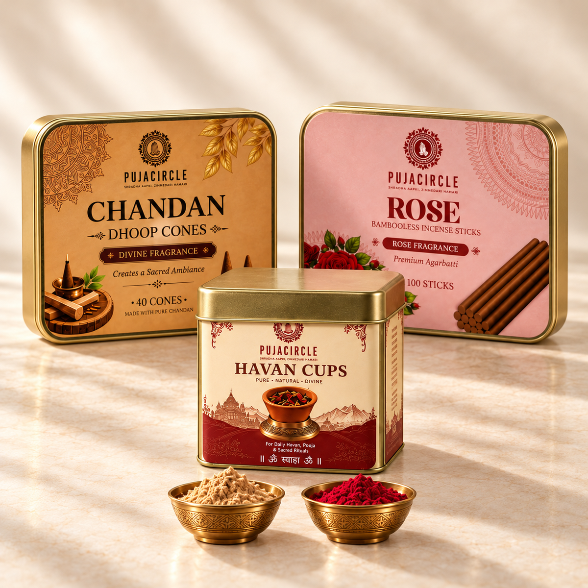 Aroma of Devotion — Rose Incense, Chandan Dhoop & Havan Cups Combo