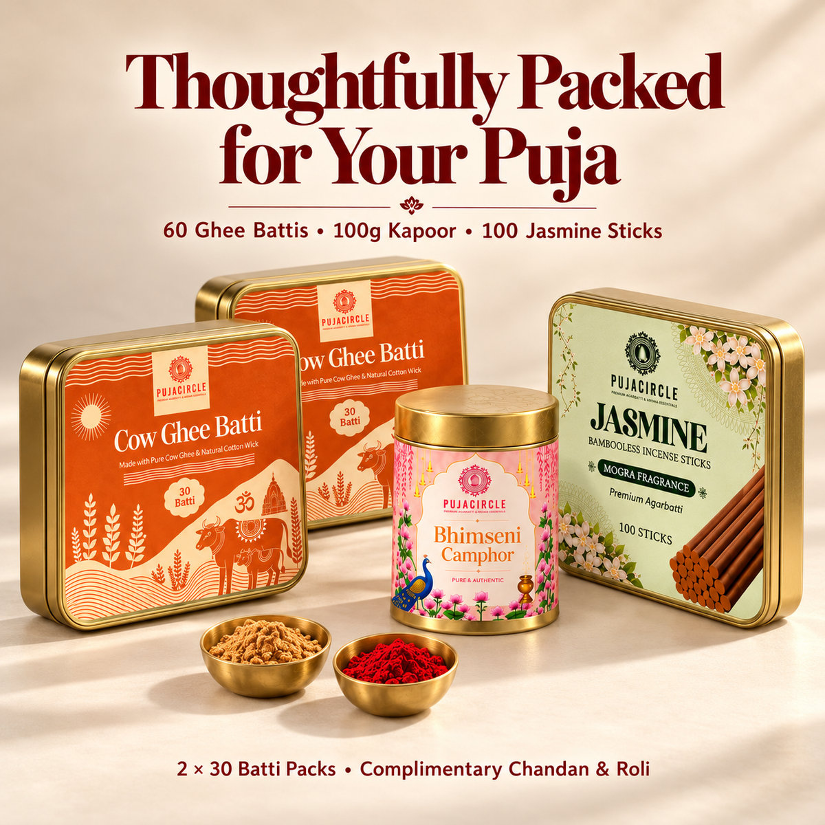 Daily Puja Must-Haves — Ghee Batti, Camphor & Jasmine Incense Combo
