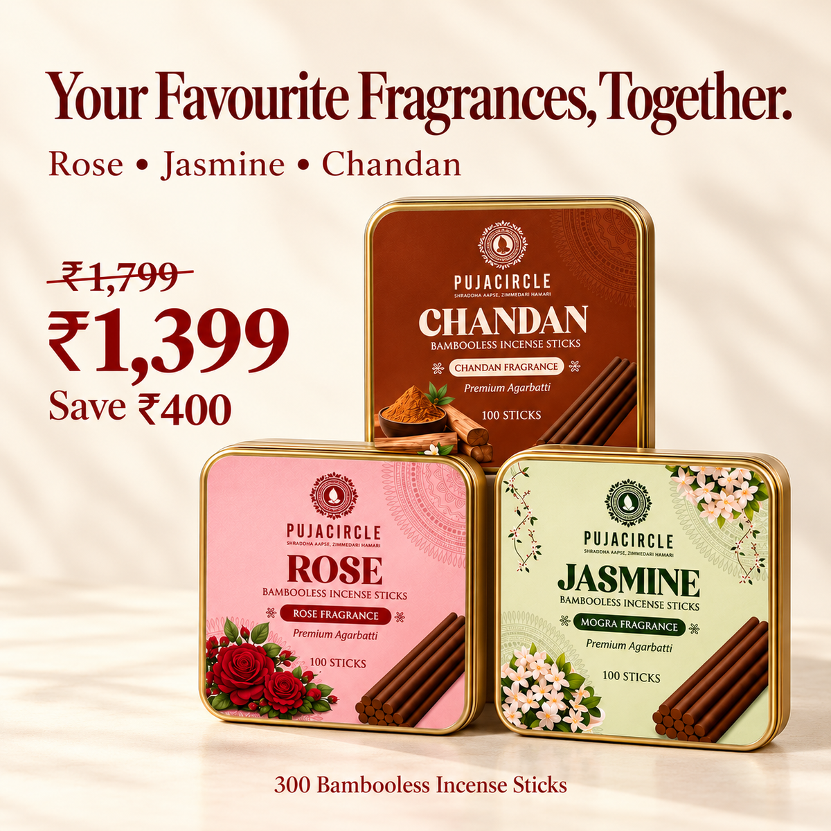 Rose, Jasmine & Chandan Bambooless Incense Combo — 300 Sticks
