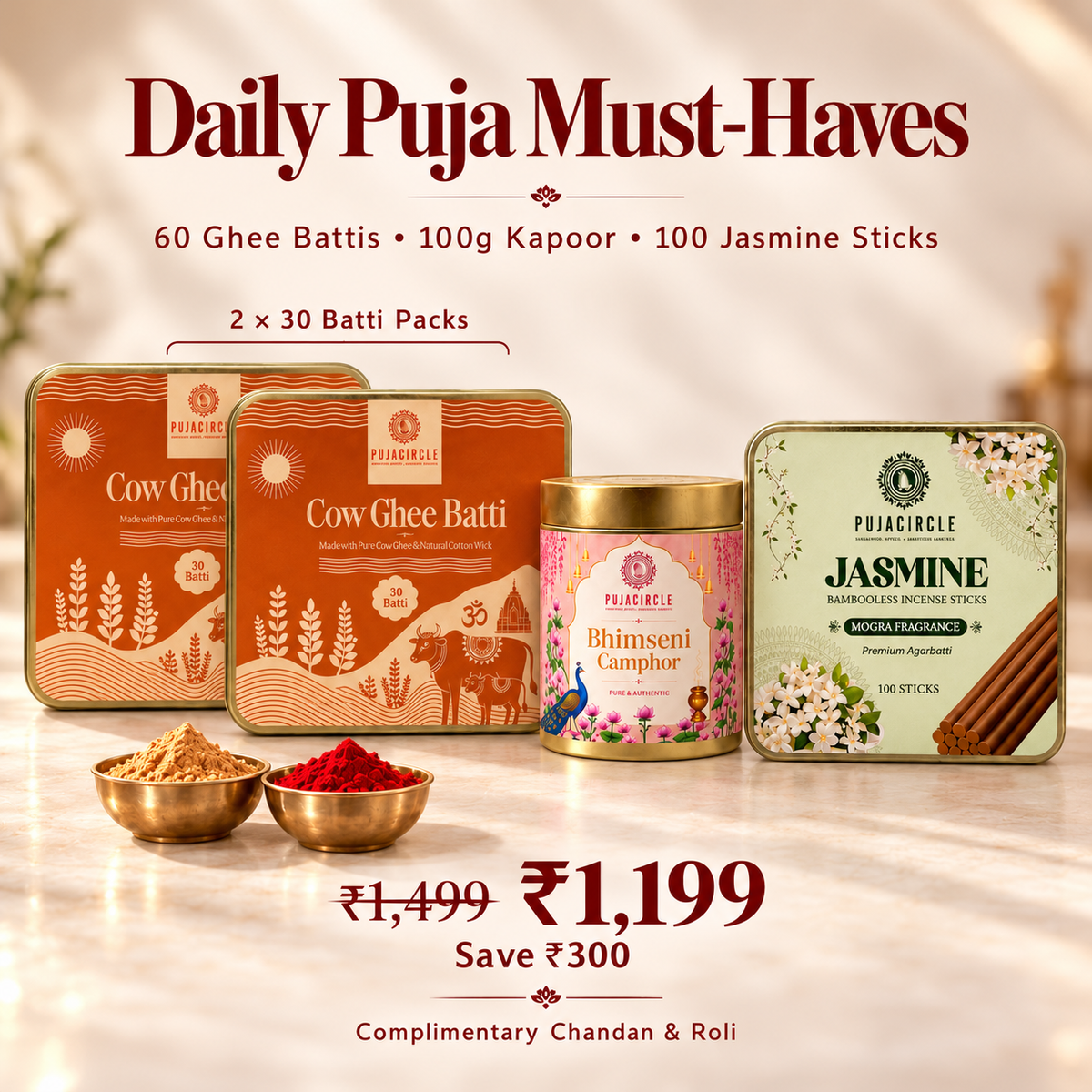 Daily Puja Must-Haves — Ghee Batti, Camphor & Jasmine Incense Combo