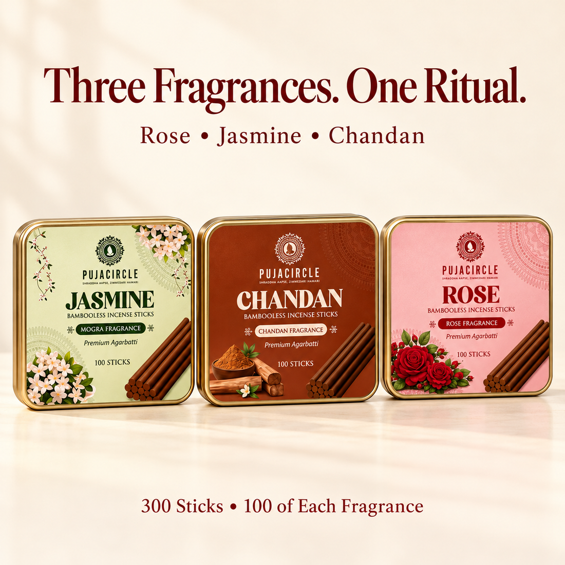 Rose, Jasmine & Chandan Bambooless Incense Combo — 300 Sticks