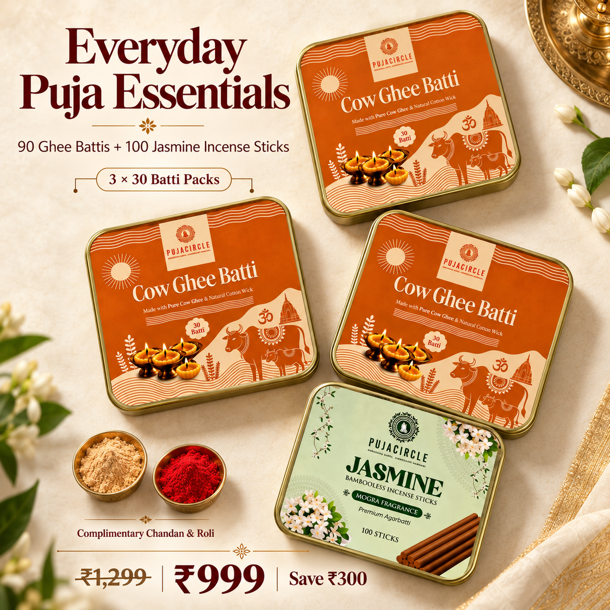 Everyday Puja Essentials — 90 Ghee Battis + 100 Jasmine Incense Sticks