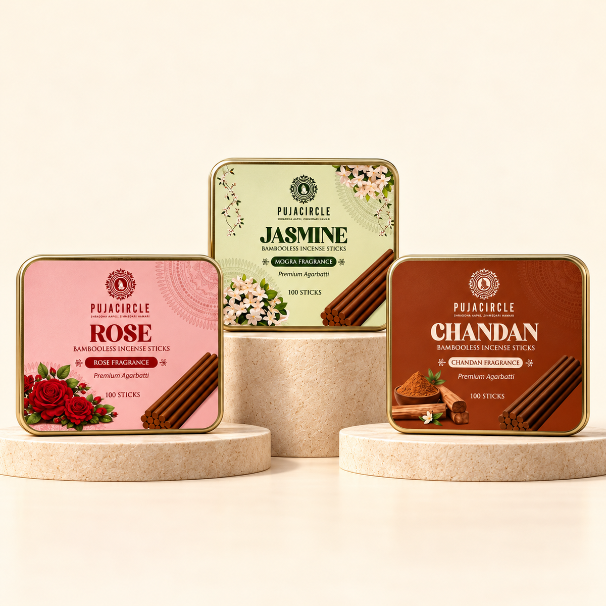 Rose, Jasmine & Chandan Bambooless Incense Combo — 300 Sticks