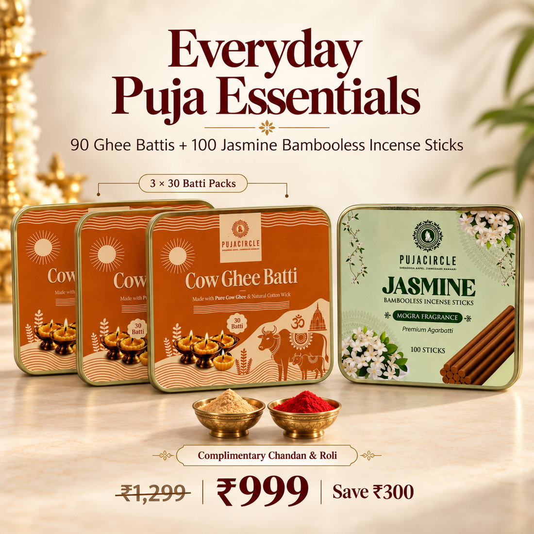 Everyday Puja Essentials — 90 Ghee Battis + 100 Jasmine Incense Sticks