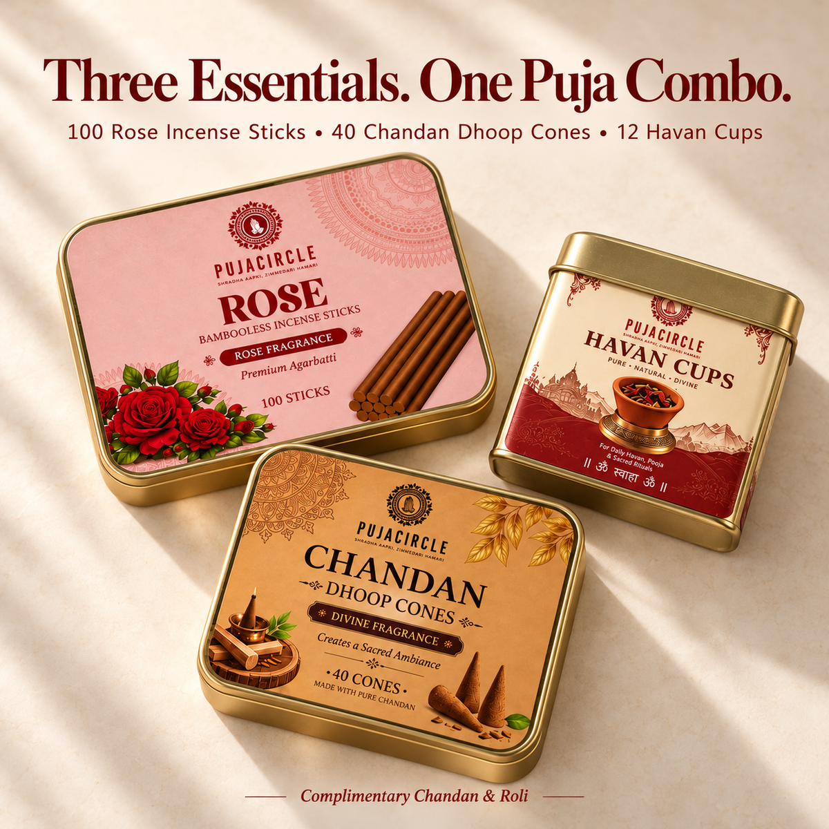 Aroma of Devotion — Rose Incense, Chandan Dhoop & Havan Cups Combo