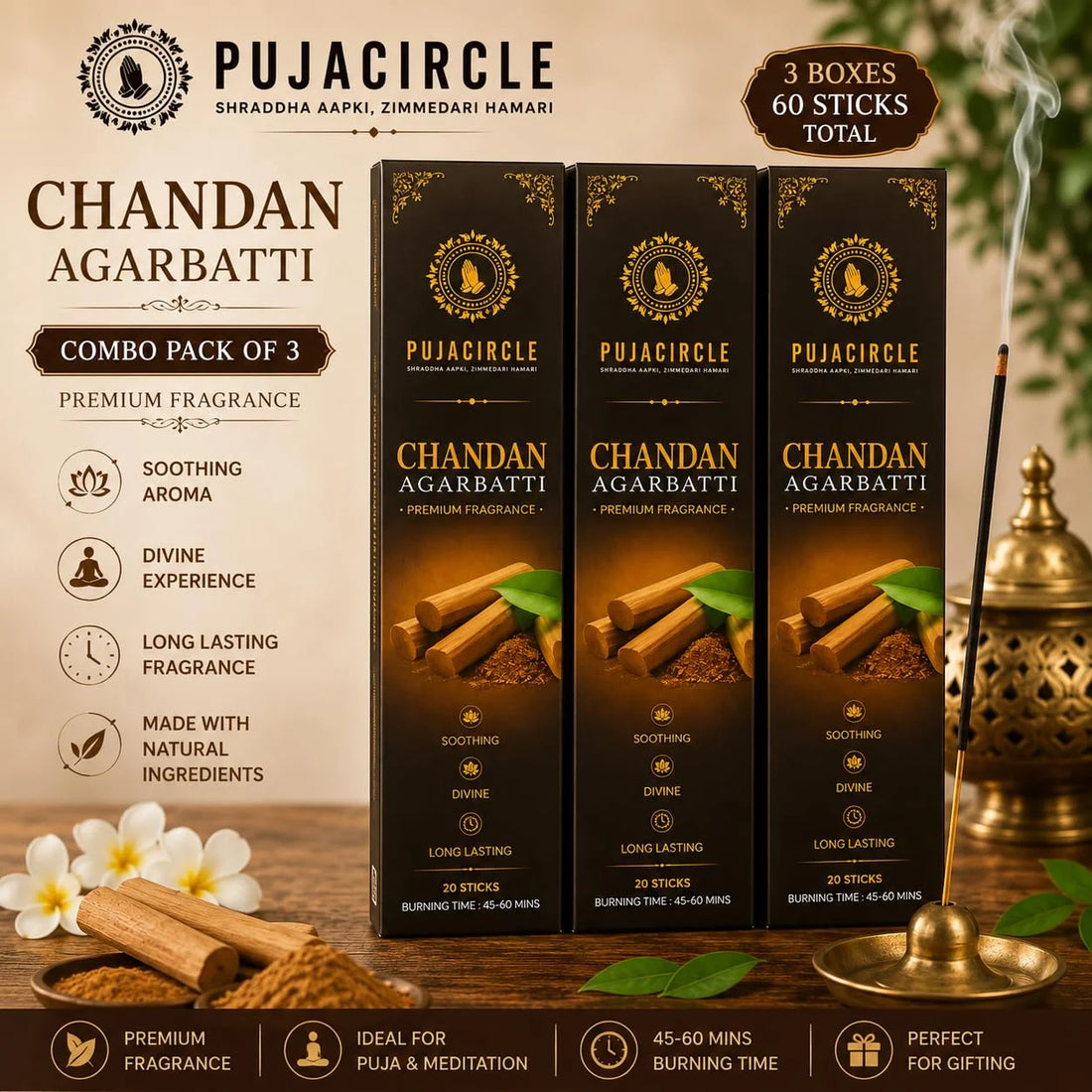PUJA CIRCLE Chandan Agarbatti | Sandalwood Fragrance Incense Sticks for Daily Puja Meditation Yoga and Home | Naturally Handcrafted Long-Lasting Premium Aroma | Pack of 60 Sticks