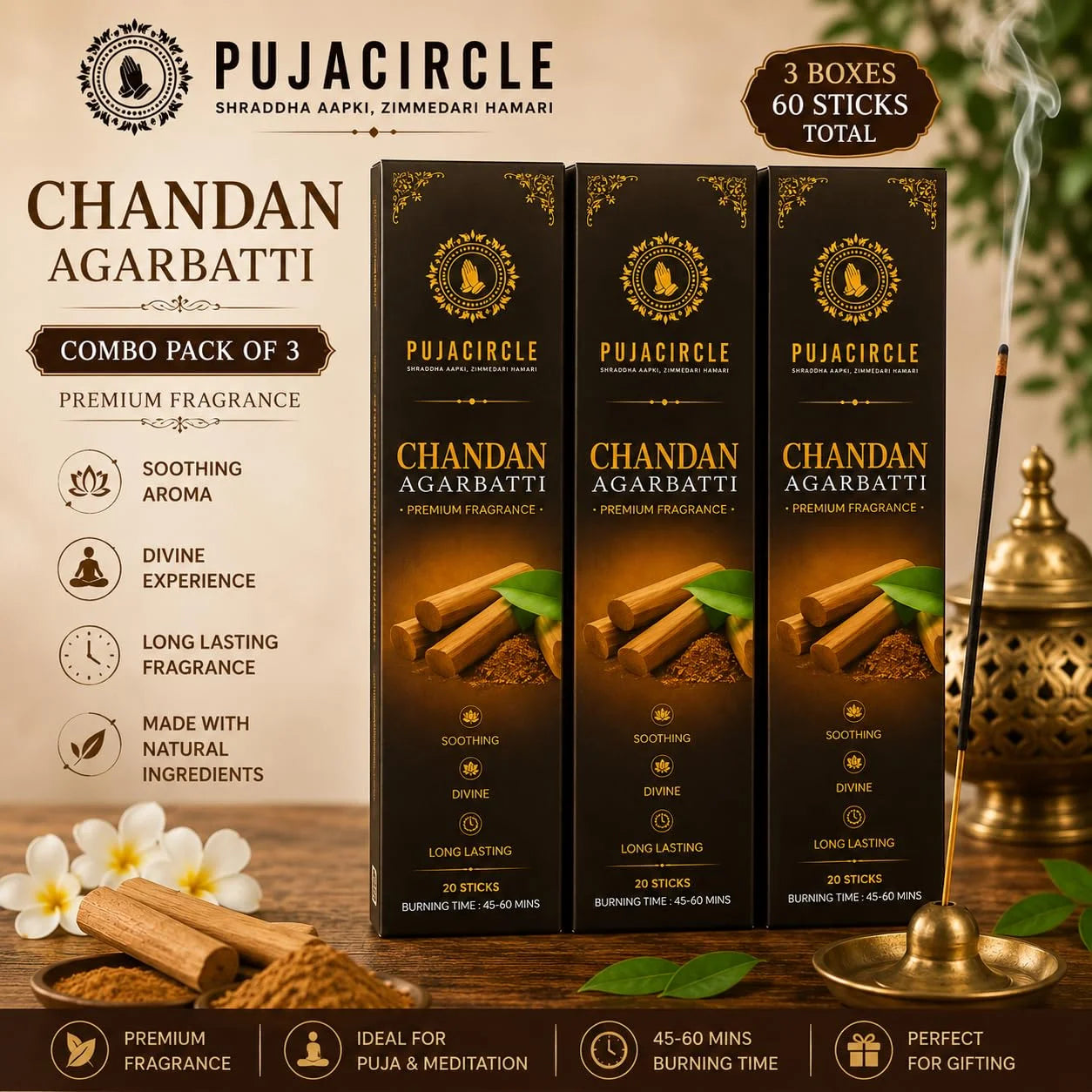 PUJA CIRCLE Chandan Agarbatti | Sandalwood Fragrance Incense Sticks for Daily Puja Meditation Yoga and Home | Naturally Handcrafted Long-Lasting Premium Aroma | Pack of 60 Sticks