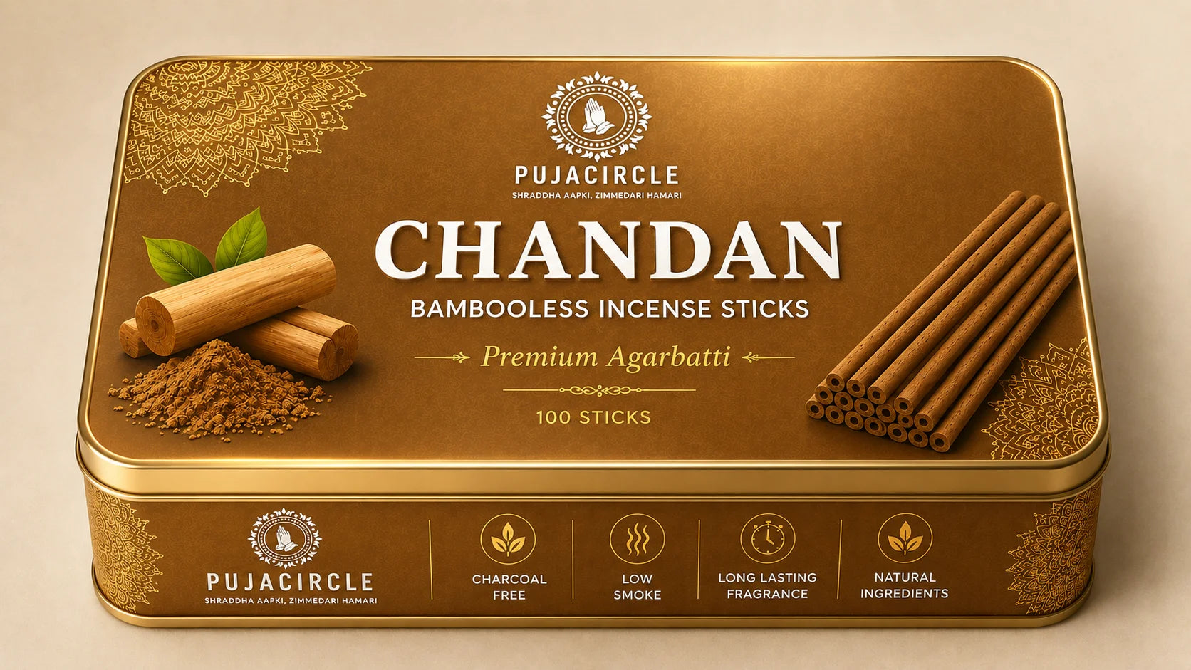 PUJA CIRCLE Chandan Bambooless Incense Sticks | Sandalwood Fragrance Agarbatti for Daily Puja Havan Meditation and Mandir | Naturally Handcrafted Low-Smoke Long-Lasting Aroma | 100 Sticks