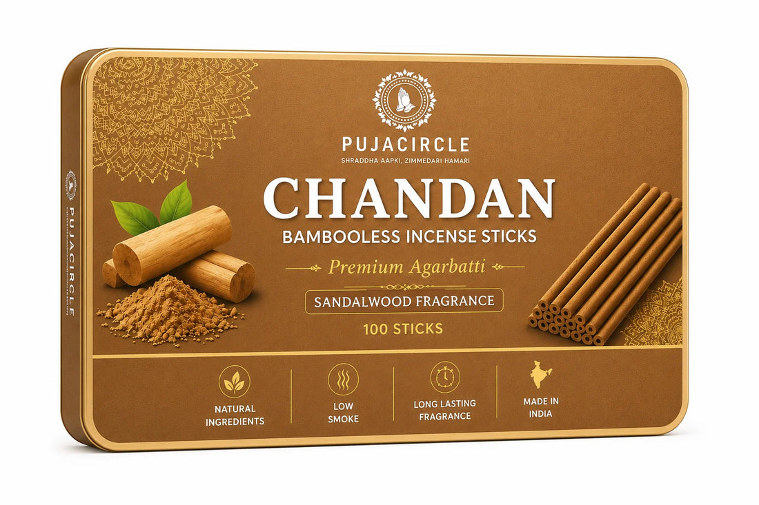 PUJA CIRCLE Chandan Bambooless Incense Sticks | Sandalwood Fragrance Agarbatti for Daily Puja Havan Meditation and Mandir | Naturally Handcrafted Low-Smoke Long-Lasting Aroma | 100 Sticks