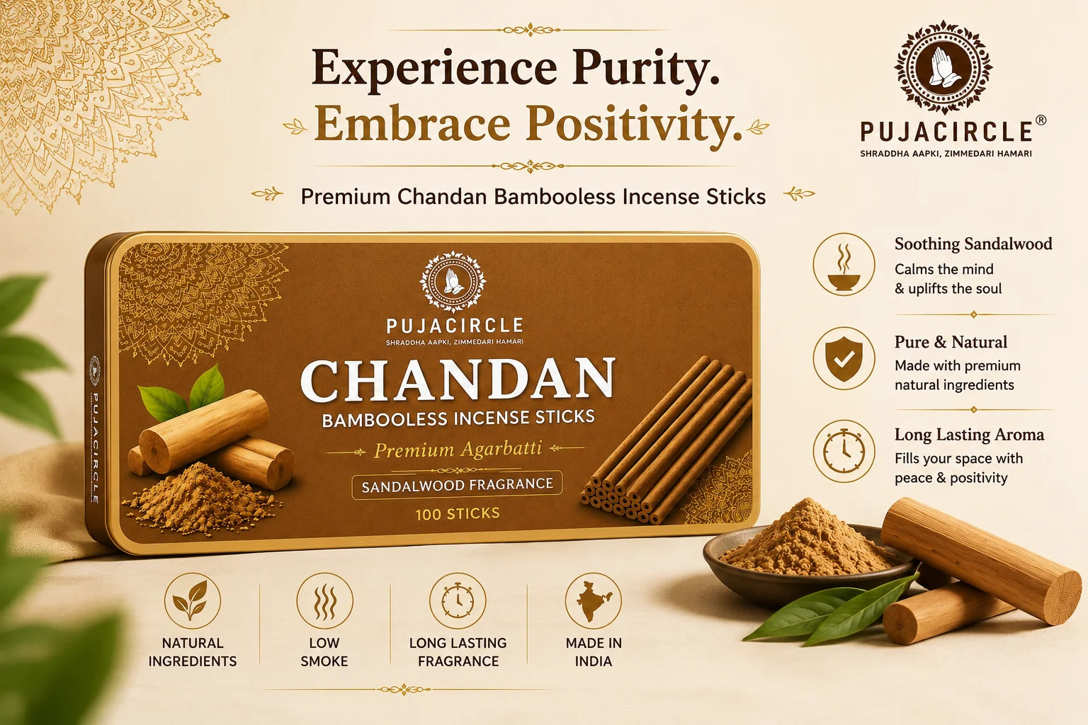 PUJA CIRCLE Chandan Bambooless Incense Sticks | Sandalwood Fragrance Agarbatti for Daily Puja Havan Meditation and Mandir | Naturally Handcrafted Low-Smoke Long-Lasting Aroma | 100 Sticks
