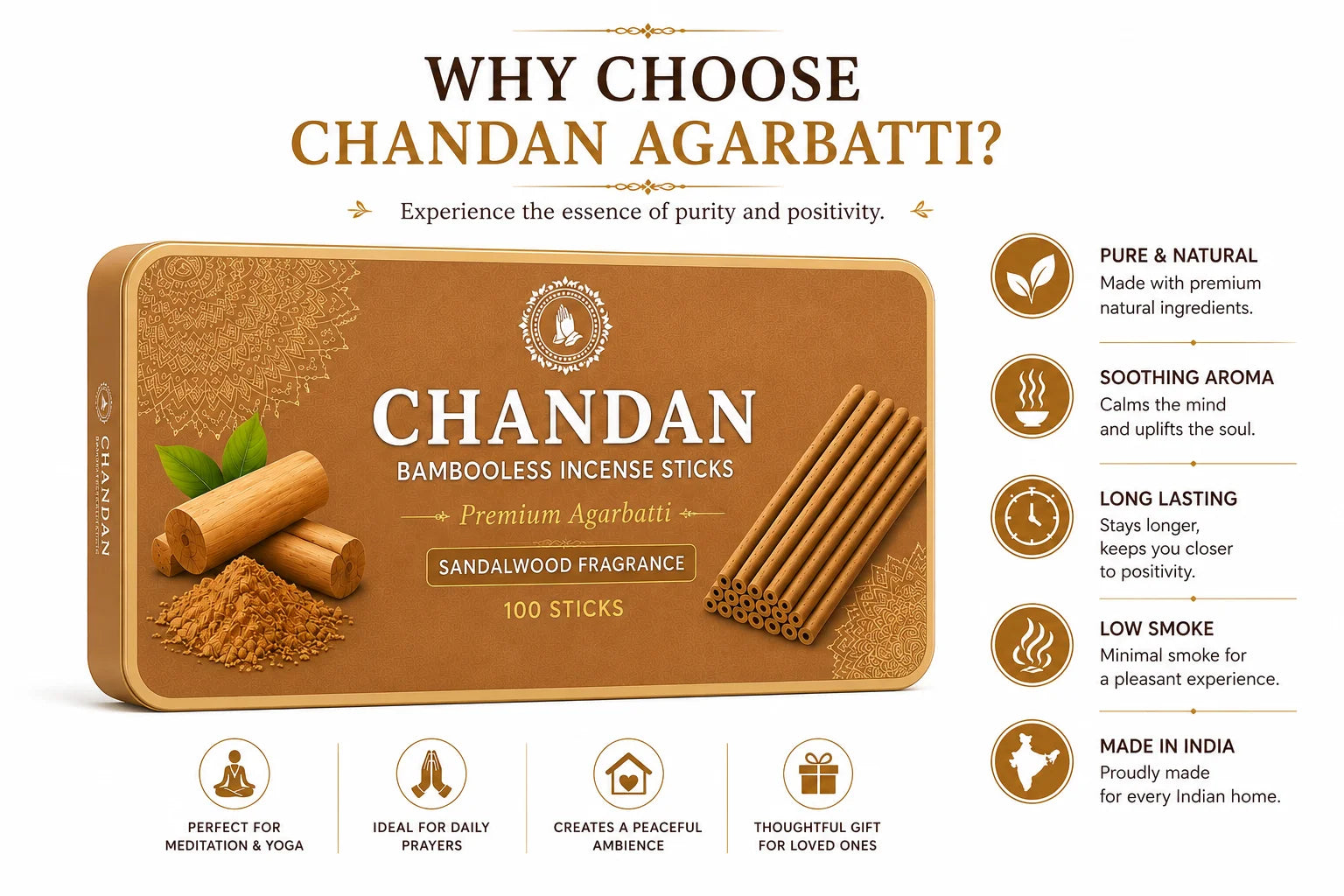PUJA CIRCLE Chandan Bambooless Incense Sticks | Sandalwood Fragrance Agarbatti for Daily Puja Havan Meditation and Mandir | Naturally Handcrafted Low-Smoke Long-Lasting Aroma | 100 Sticks