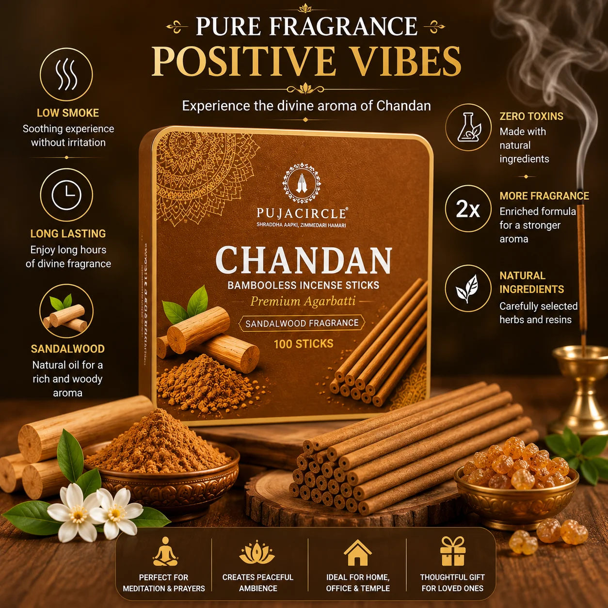 PUJA CIRCLE Chandan Bambooless Incense Sticks | Sandalwood Fragrance Agarbatti for Daily Puja Havan Meditation and Mandir | Naturally Handcrafted Low-Smoke Long-Lasting Aroma | 100 Sticks
