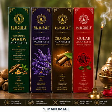 PUJA CIRCLE Premium Agarbatti Combo Pack | Chandan Gulab Lavender and Handmade Woody Incense Sticks | Naturally Handcrafted Long-Lasting Fragrance for Daily Puja Meditation and Home | Pack of 4