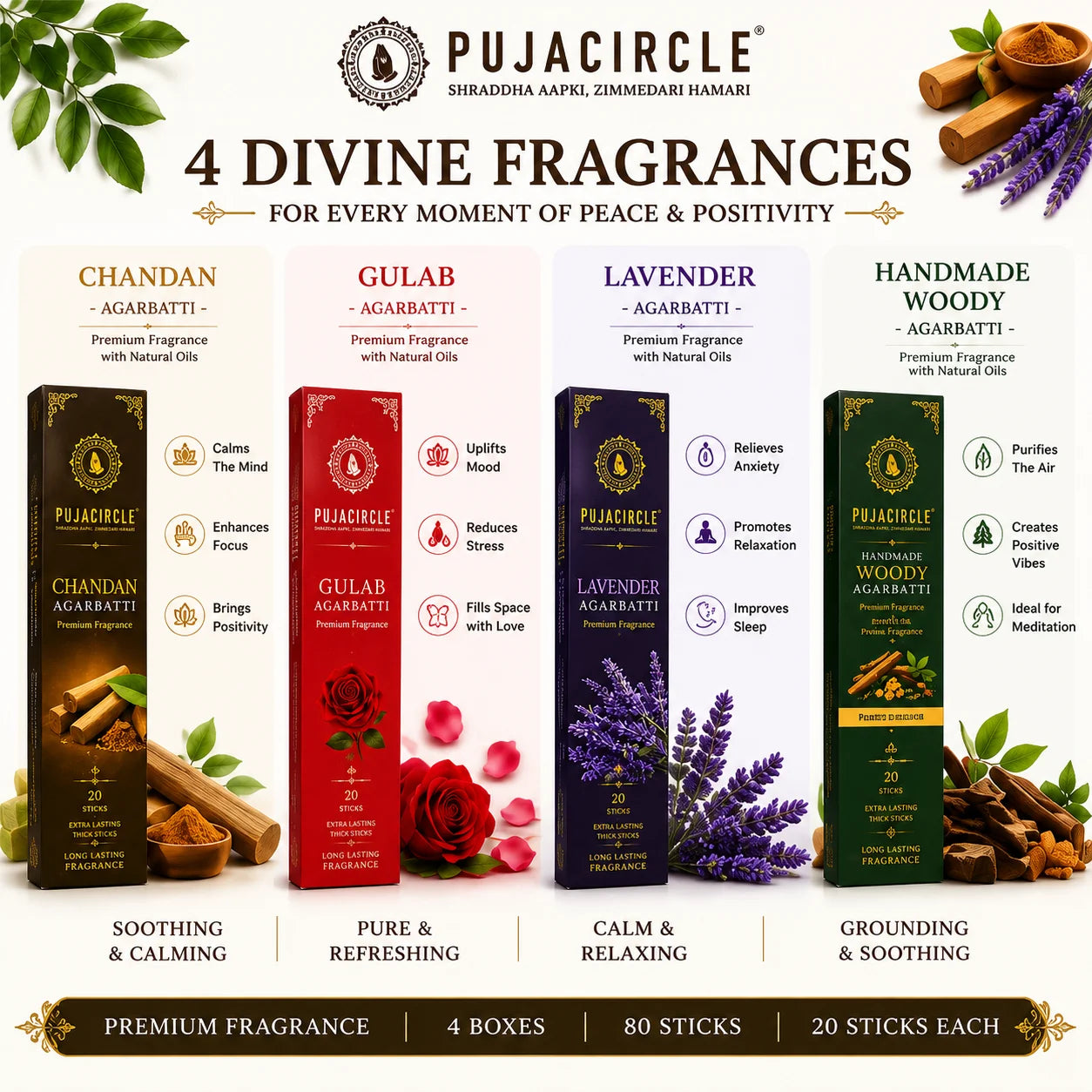 PUJA CIRCLE Premium Agarbatti Combo Pack | Chandan Gulab Lavender and Handmade Woody Incense Sticks | Naturally Handcrafted Long-Lasting Fragrance for Daily Puja Meditation and Home | Pack of 4