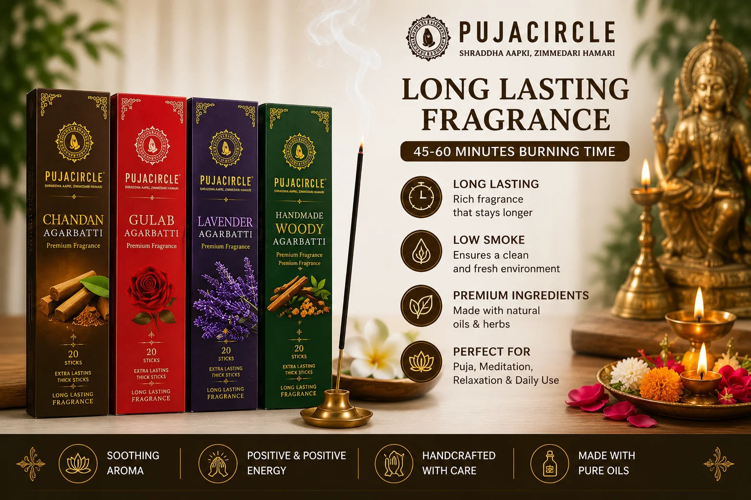 PUJA CIRCLE Premium Agarbatti Combo Pack | Chandan Gulab Lavender and Handmade Woody Incense Sticks | Naturally Handcrafted Long-Lasting Fragrance for Daily Puja Meditation and Home | Pack of 4