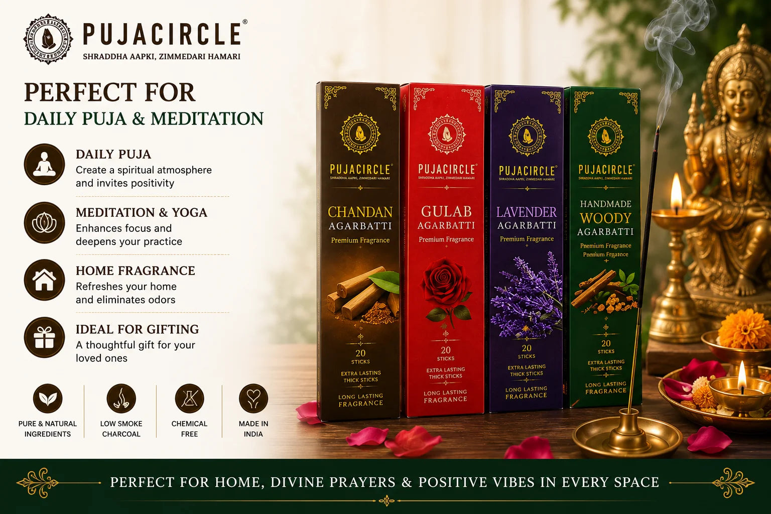 PUJA CIRCLE Premium Agarbatti Combo Pack | Chandan Gulab Lavender and Handmade Woody Incense Sticks | Naturally Handcrafted Long-Lasting Fragrance for Daily Puja Meditation and Home | Pack of 4