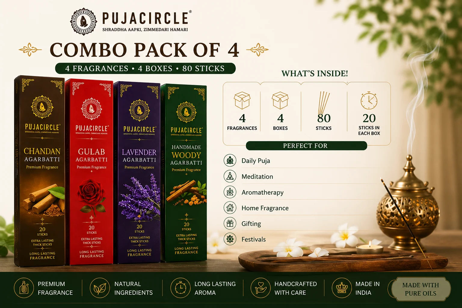 PUJA CIRCLE Premium Agarbatti Combo Pack | Chandan Gulab Lavender and Handmade Woody Incense Sticks | Naturally Handcrafted Long-Lasting Fragrance for Daily Puja Meditation and Home | Pack of 4