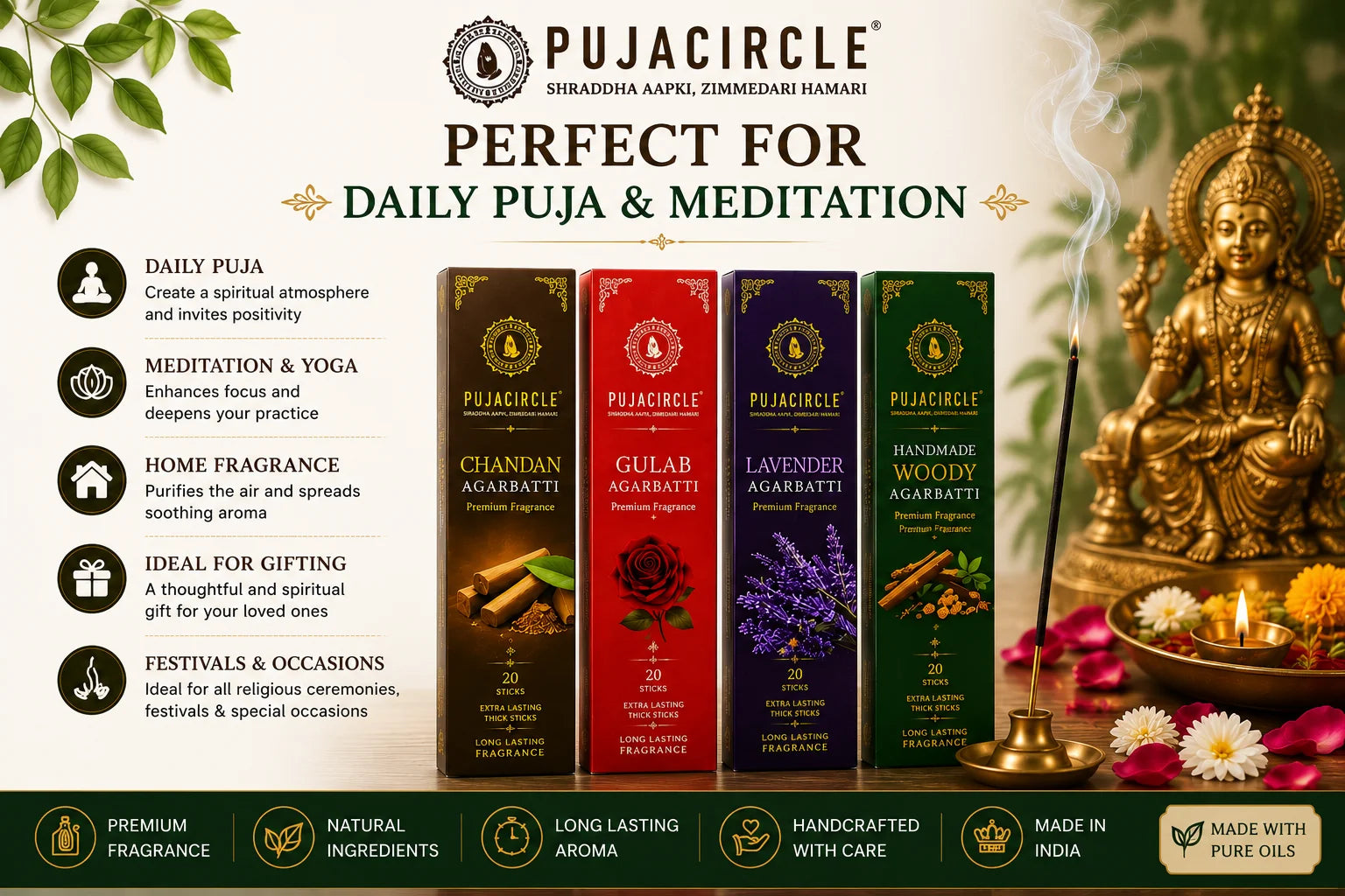 PUJA CIRCLE Premium Agarbatti Combo Pack | Chandan Gulab Lavender and Handmade Woody Incense Sticks | Naturally Handcrafted Long-Lasting Fragrance for Daily Puja Meditation and Home | Pack of 4
