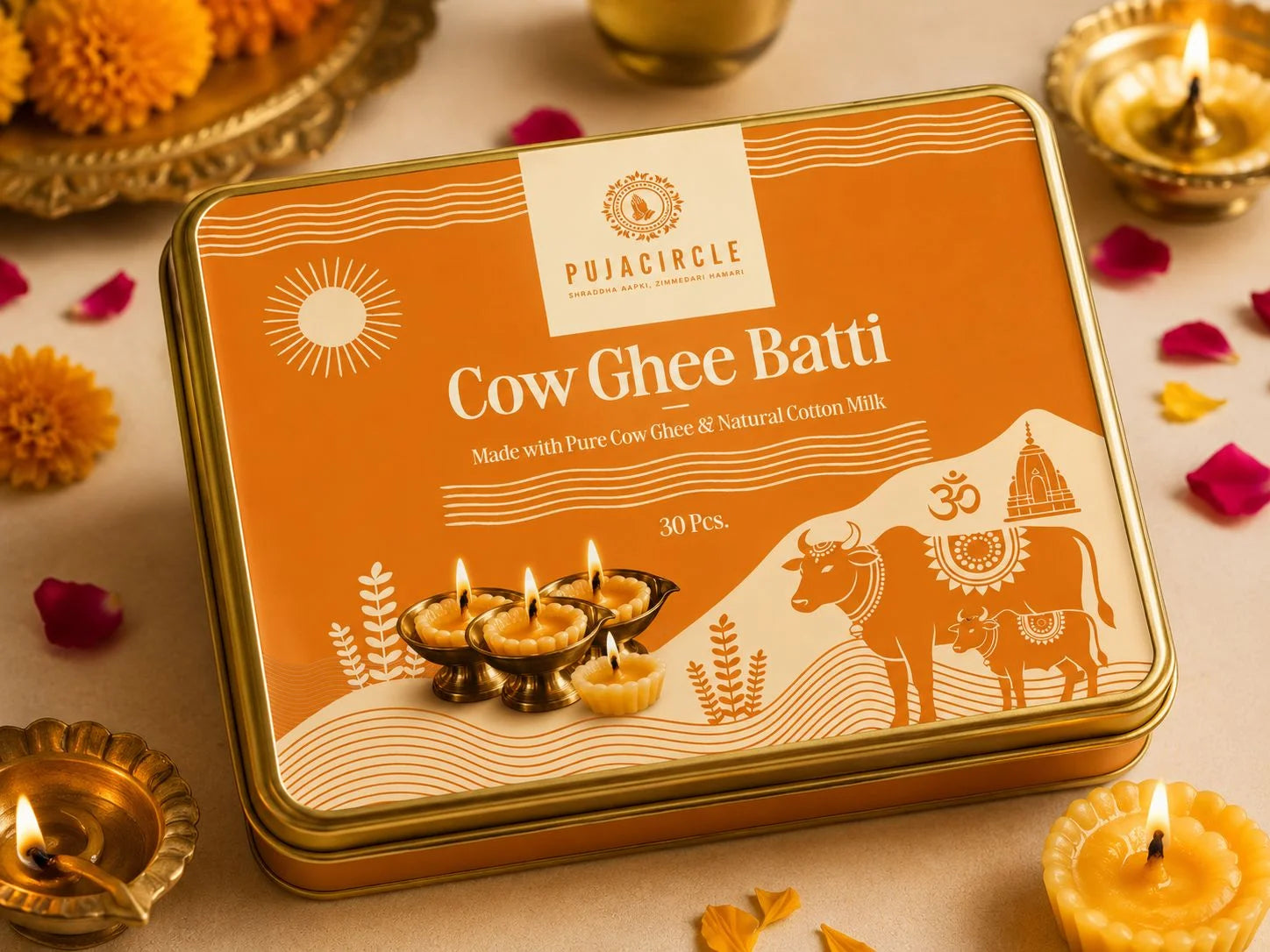 PUJA CIRCLE Cow Ghee Batti | Ready-to-Light Wax-Free Diya Wicks for Daily Puja Prayer Aarti and Festivals | Made with Pure Cow Ghee and Natural Cotton Wick | Long-Lasting | 30 Pieces
