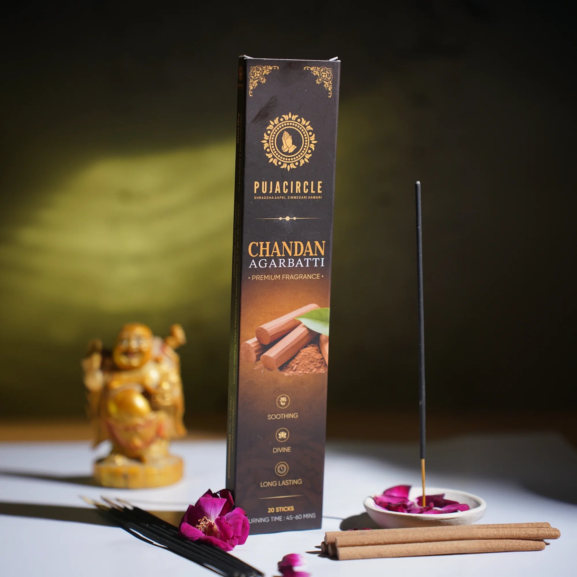 PUJA CIRCLE Chandan Agarbatti | Sandalwood Fragrance Incense Sticks for Daily Puja Meditation Yoga and Home | Naturally Handcrafted Long-Lasting Premium Aroma | Pack of 60 Sticks