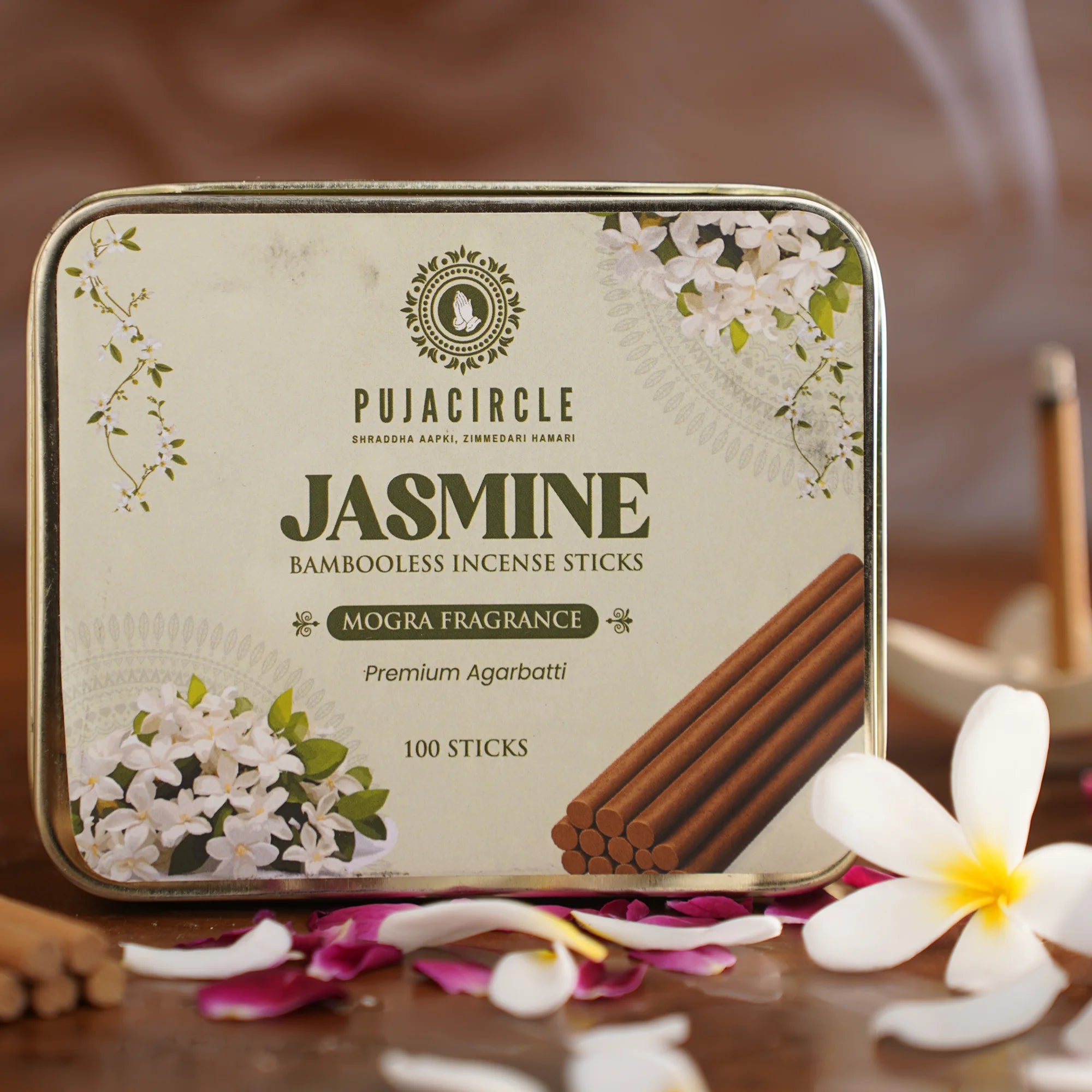 PUJA CIRCLE Jasmine Bambooless Incense Sticks | Mogra Fragrance Agarbatti for Daily Puja Meditation Havan and Mandir | Naturally Handcrafted Low-Smoke Long-Lasting Aroma | 100 Sticks