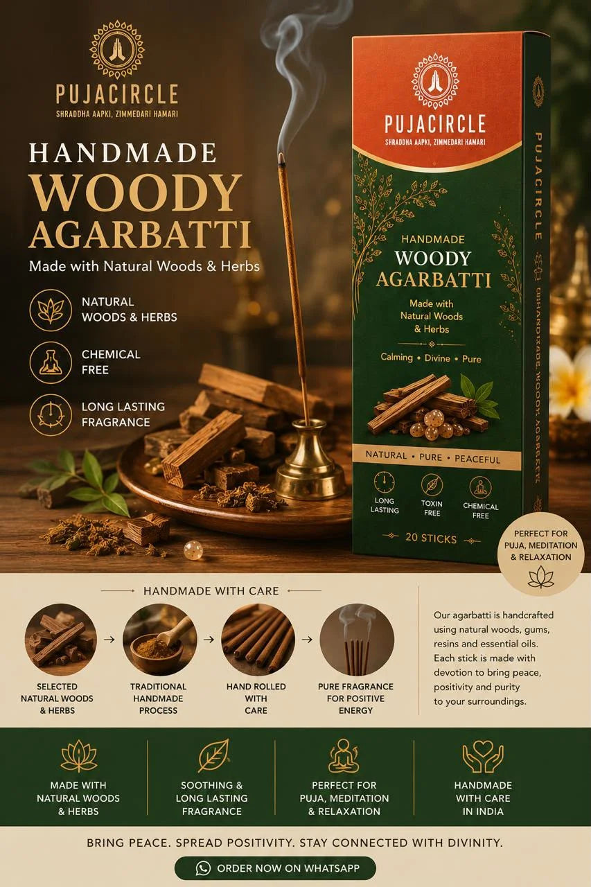 PUJA CIRCLE Handmade Woody Agarbatti | Premium Wood Fragrance Incense Sticks for Daily Puja Meditation Yoga and Home | Charcoal-Free Naturally Handcrafted Long-Lasting Aroma | 60 Sticks