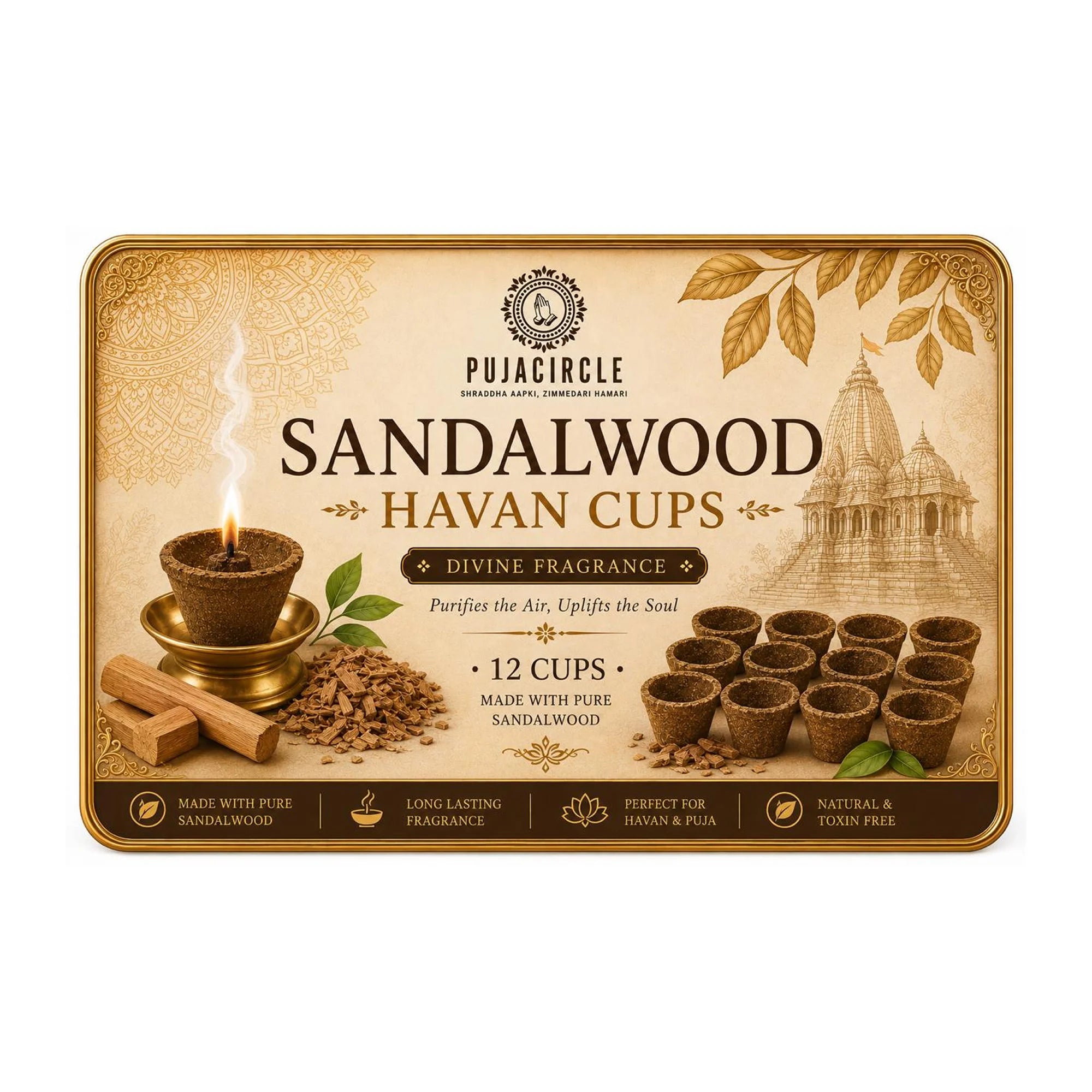 PUJA CIRCLE Sandalwood Chandan Havan Cups | Ready-to-Use Dhoop Cups with Cow Dung Sambrani Havan Samagri | Low-Smoke Fragrance for Daily Puja Havan Aarti and Home | 16 Cups