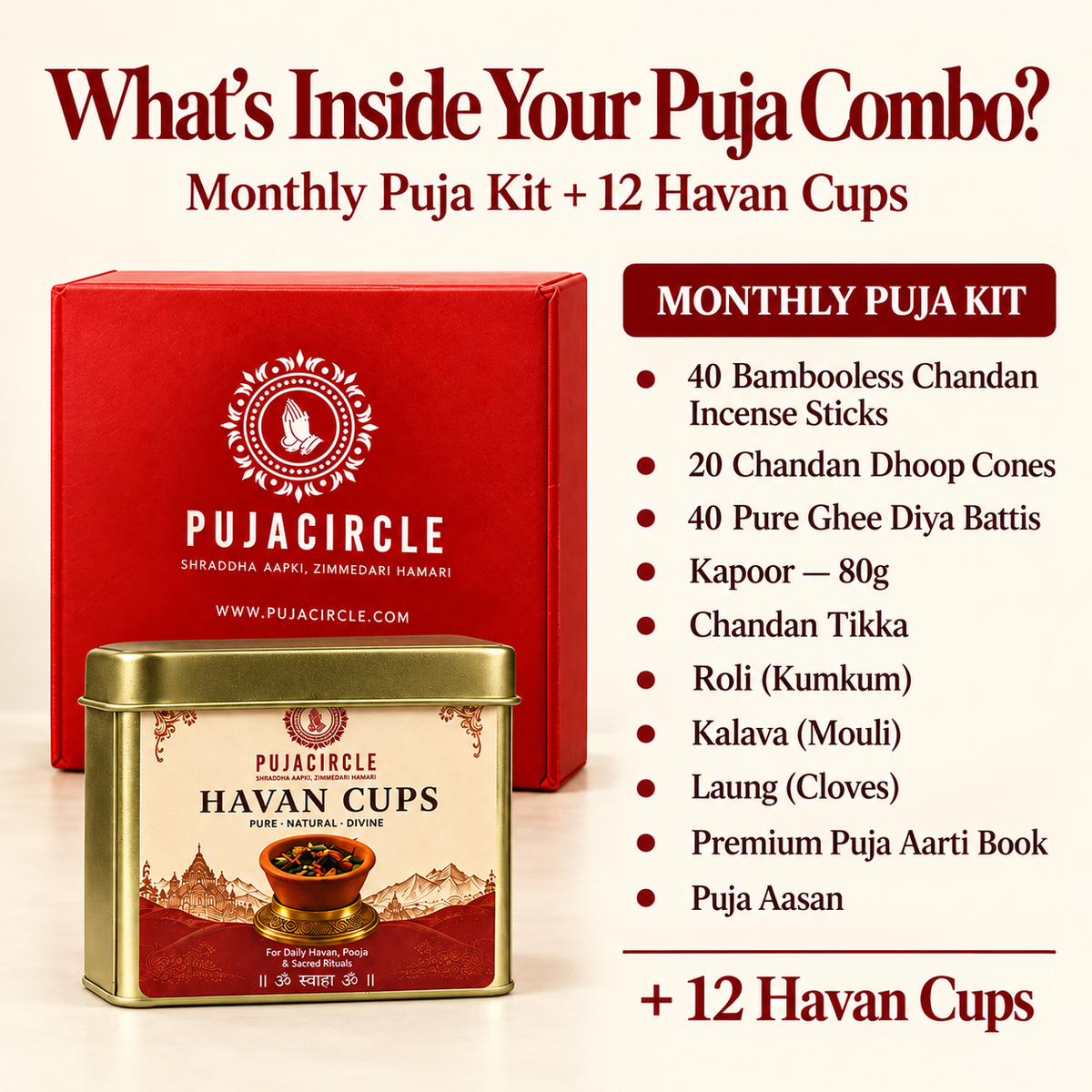 Monthly Puja Kit + 12 Havan Cups Combo — Free Chandan Tilak