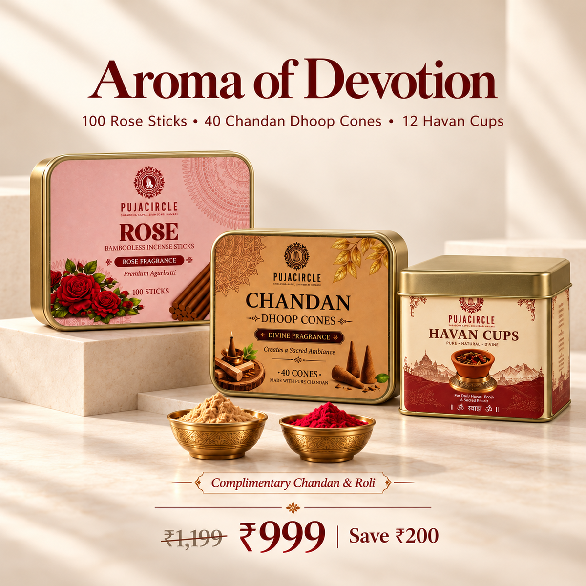 Aroma of Devotion — Rose Incense, Chandan Dhoop & Havan Cups Combo