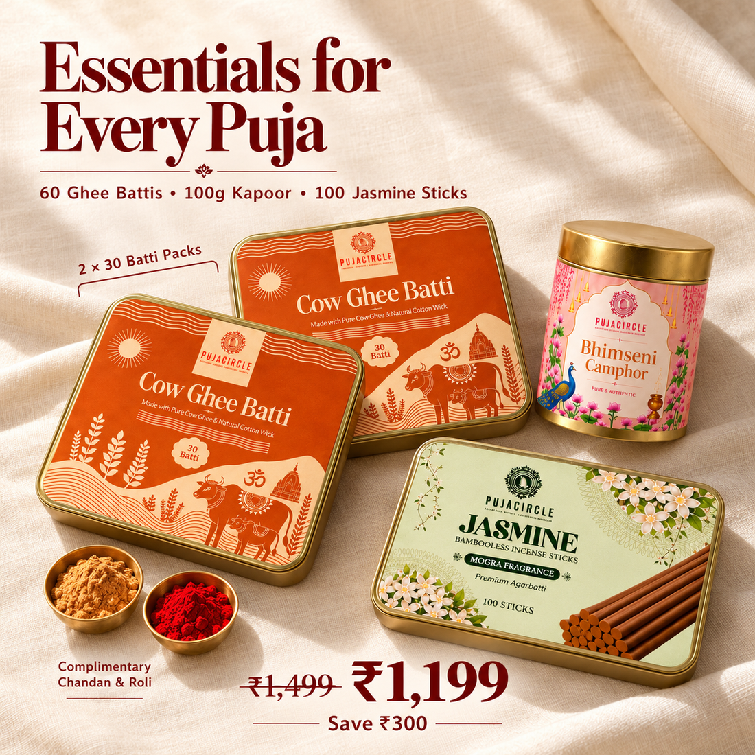 Daily Puja Must-Haves — Ghee Batti, Camphor & Jasmine Incense Combo