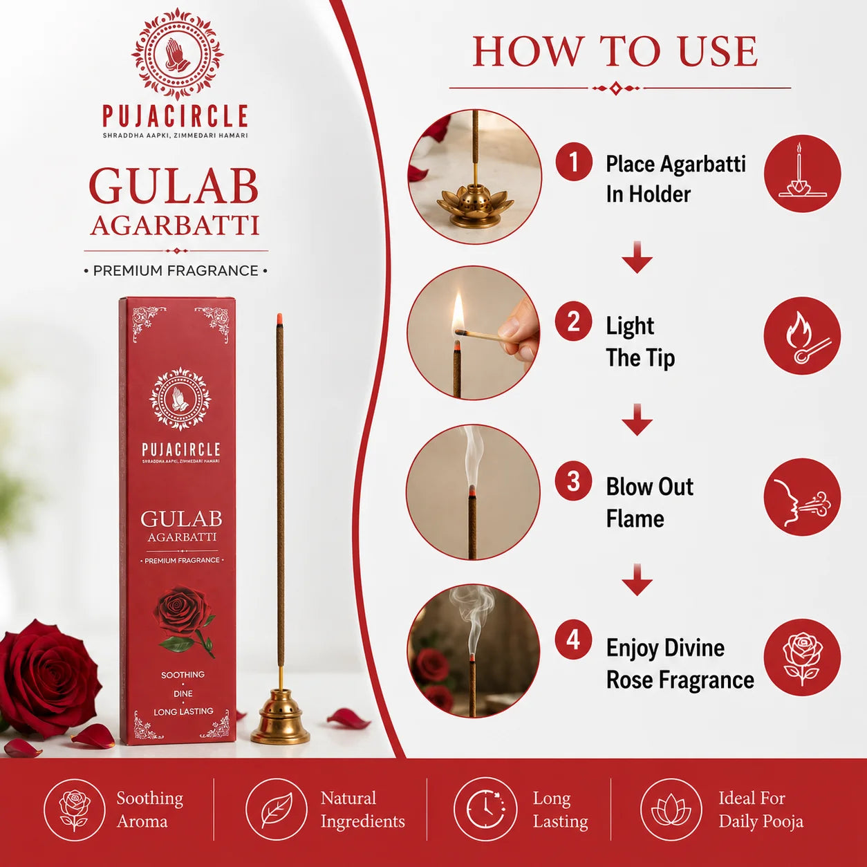 PUJA CIRCLE Gulab Agarbatti | Rose Fragrance Incense Sticks for Daily Puja Meditation Prayer and Home | Naturally Handcrafted Long-Lasting Premium Scented Agarbatti | Pack of 4
