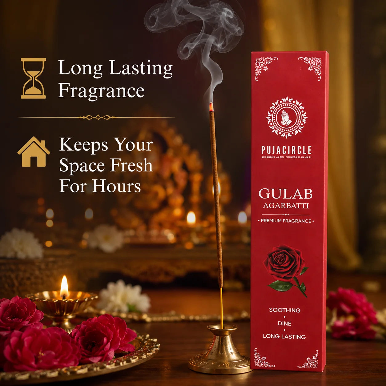 PUJA CIRCLE Gulab Agarbatti | Rose Fragrance Incense Sticks for Daily Puja Meditation Prayer and Home | Naturally Handcrafted Long-Lasting Premium Scented Agarbatti | Pack of 4