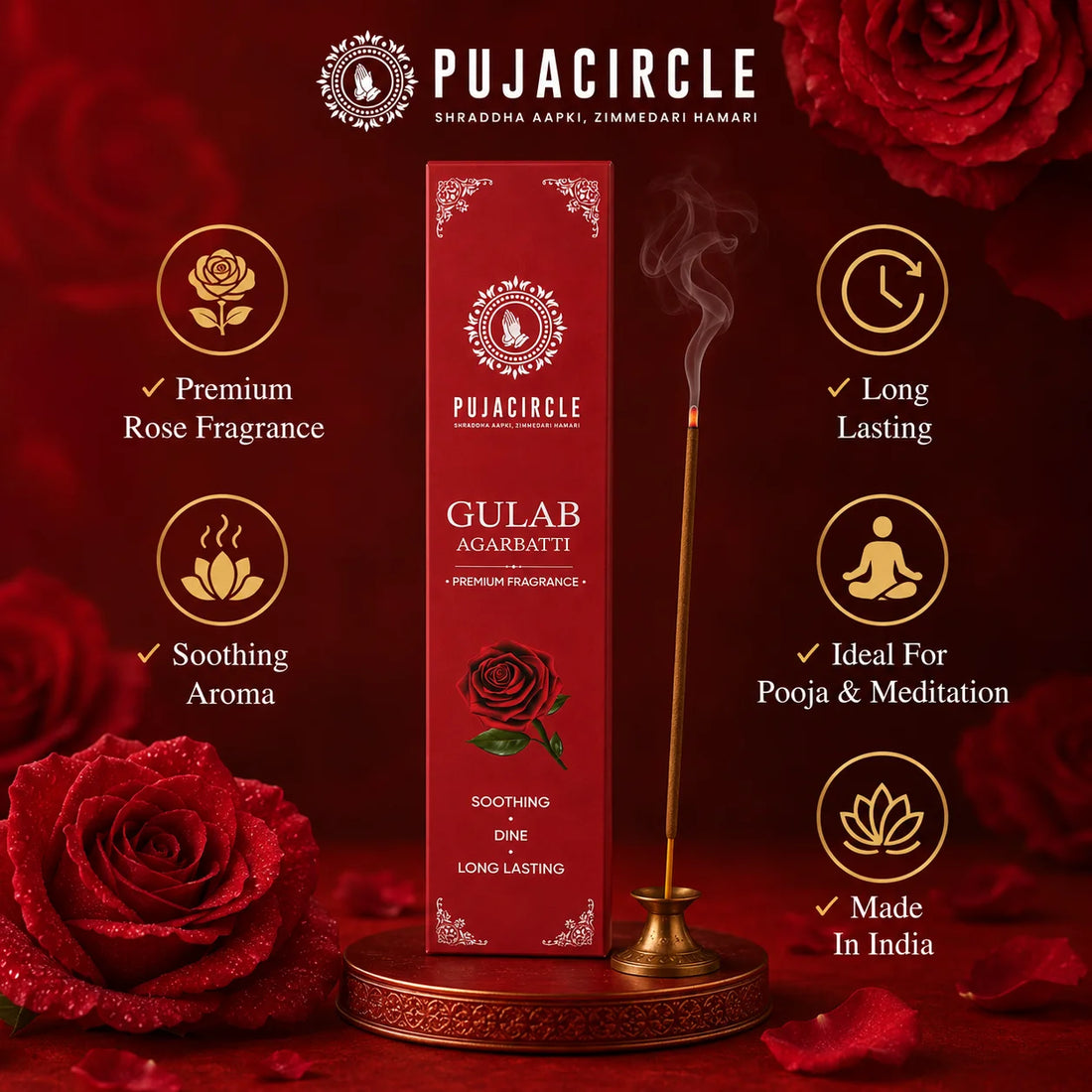 PUJA CIRCLE Gulab Agarbatti | Rose Fragrance Incense Sticks for Daily Puja Meditation Prayer and Home | Naturally Handcrafted Long-Lasting Premium Scented Agarbatti | Pack of 4