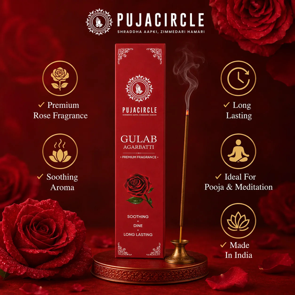 PUJA CIRCLE Gulab Agarbatti | Rose Fragrance Incense Sticks for Daily Puja Meditation Prayer and Home | Naturally Handcrafted Long-Lasting Premium Scented Agarbatti | Pack of 4