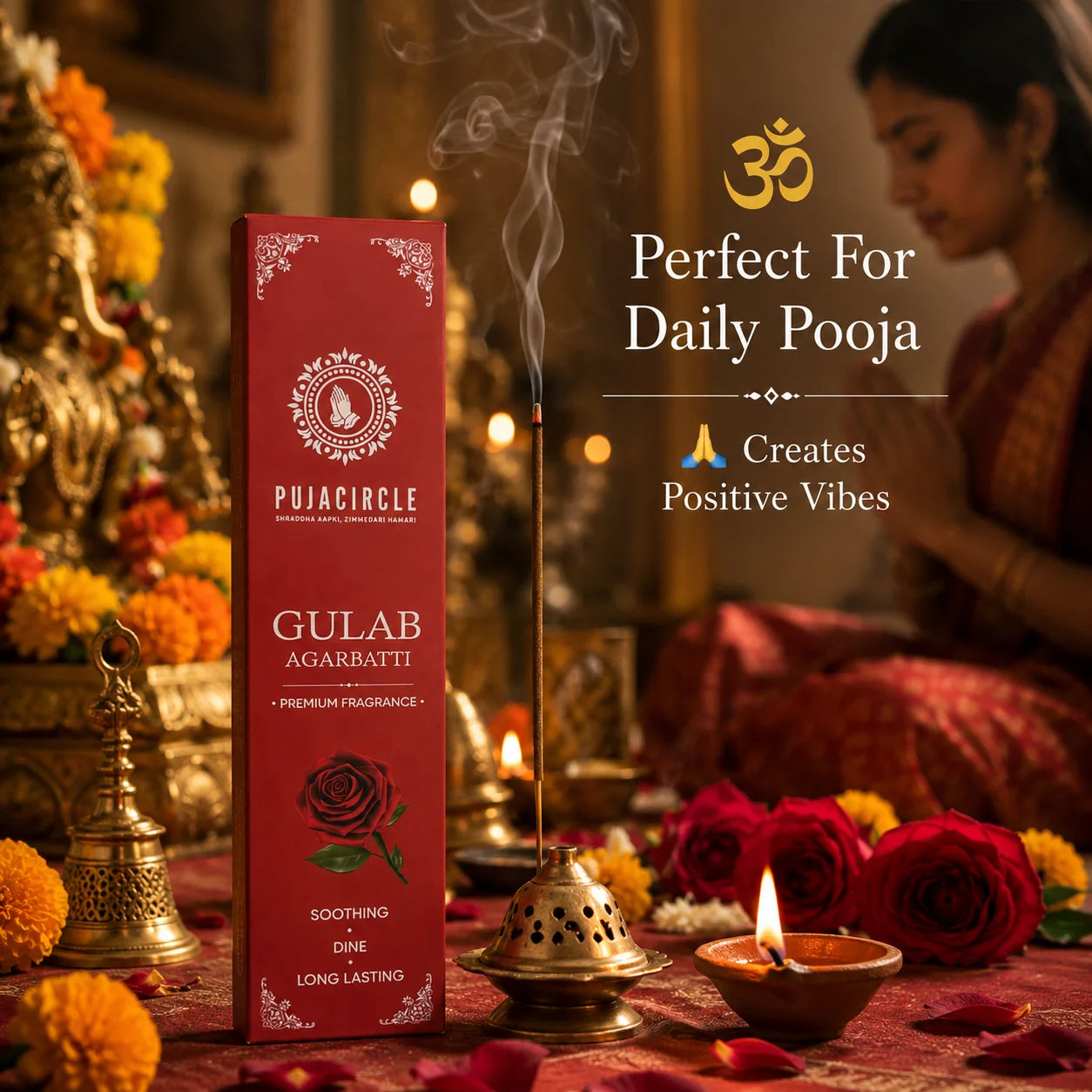 PUJA CIRCLE Gulab Agarbatti | Rose Fragrance Incense Sticks for Daily Puja Meditation Prayer and Home | Naturally Handcrafted Long-Lasting Premium Scented Agarbatti | Pack of 4