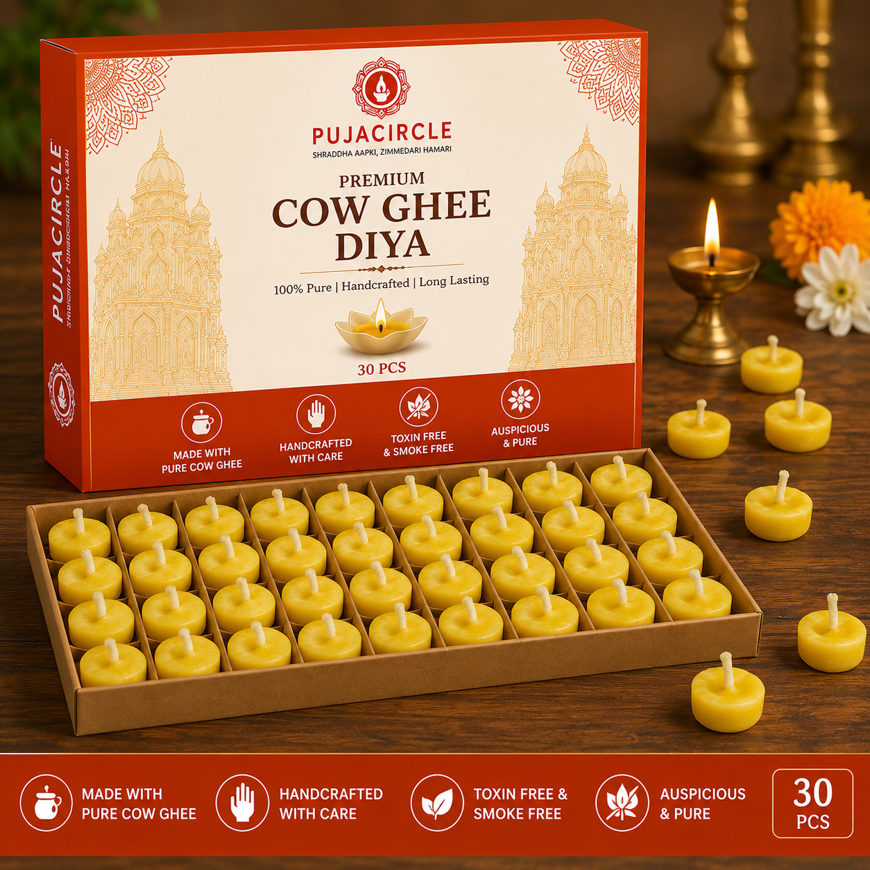 Pure Cow GHEE Diya BATTI | Pooja Room Items for Home | Wax Free | Ghee Wicks for Prayers, Rituals Pack of 30 BATTIS