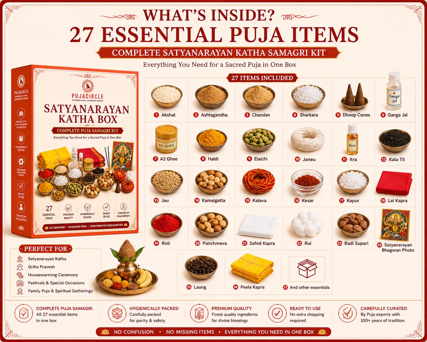 PUJA Circle Satyanarayan Puja Kit Samagri with 29 Items | Complete Samagri Box for Vrat Katha, Lakshmi Puja, Griha Pravesh, Ganesh Pooja | Ready-to-Use Premium Kit for Home, Festivals & Gifting