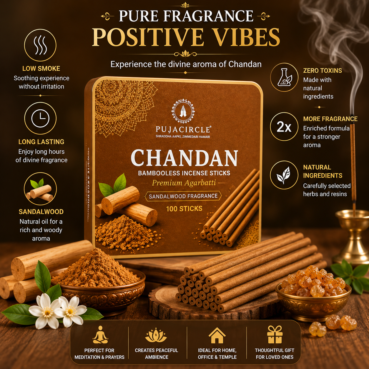 Chandan Bambooless Incense Sticks - 100 sticks